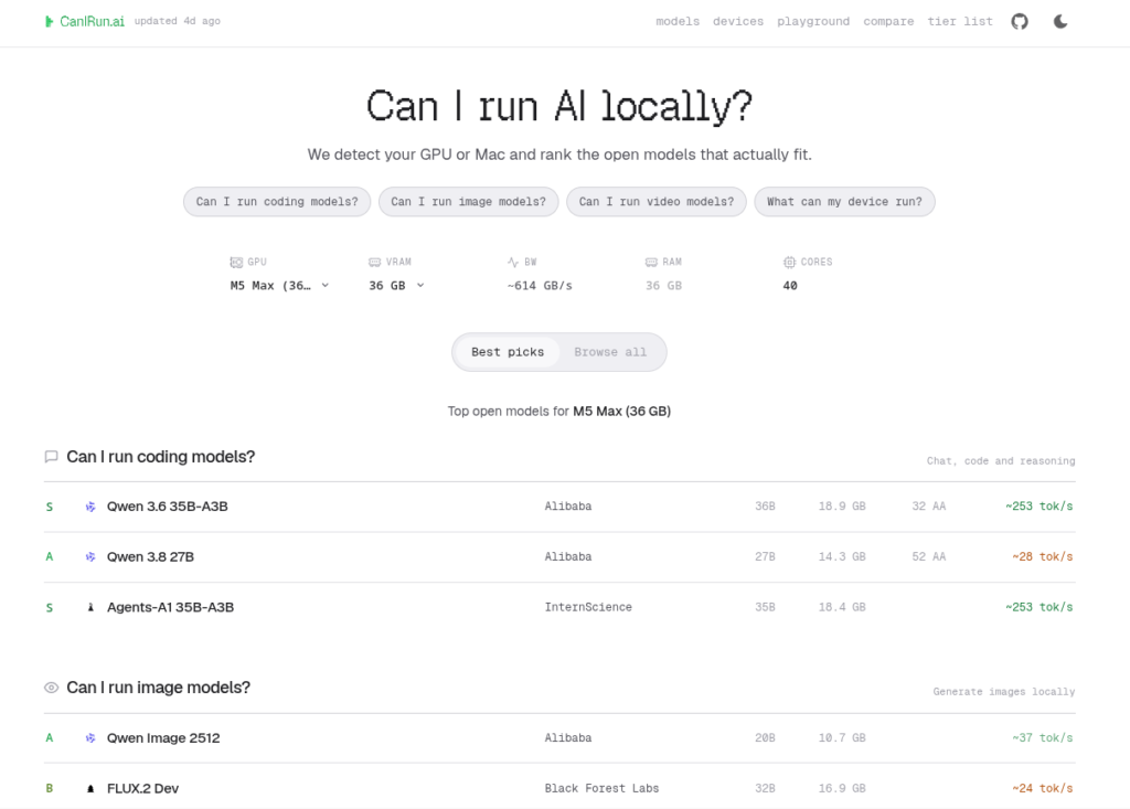 Interfaz principal de CanIRun.ai para comprobar compatibilidad de hardware con IA